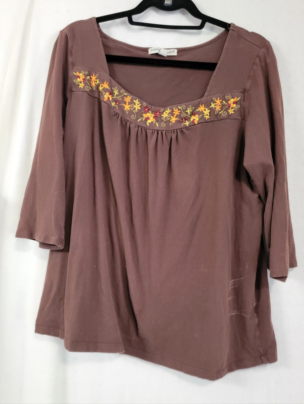Carolyn Taylor Mauve Floral-Embroidered Square-Neck Long Sleeve Top